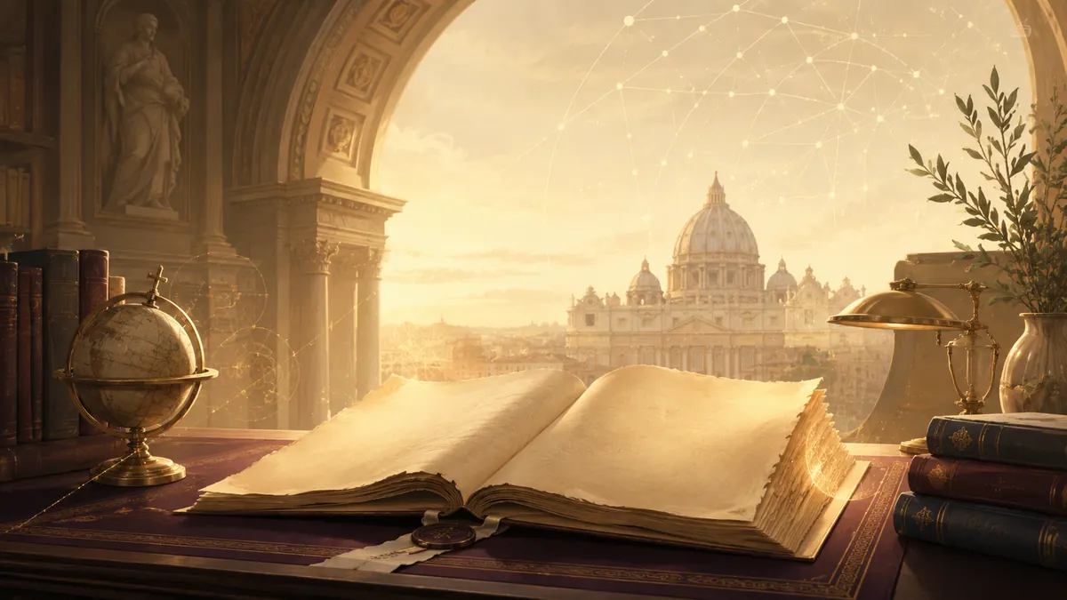 Humanitas Guide illustration showing an open parchment document, warm golden light, Catholic-inspired architecture, and a subtle technology motif